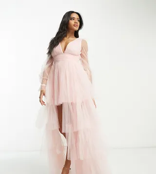 Lace & Beads exclusive sheer sleeve tiered high low maxi dress in blush