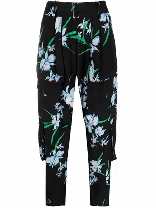 Floral-Print Cropped Silk Trousers