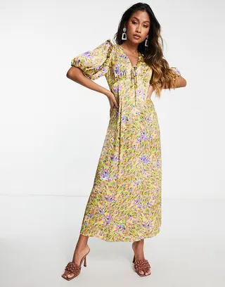 Topshop blurred watercolor midi ruffle tea dress in multi