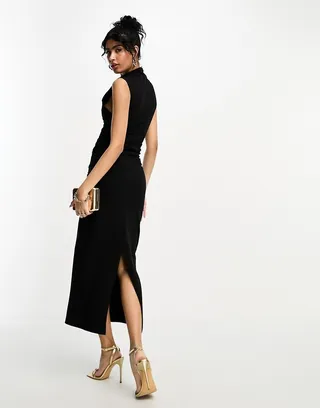 ASOS DESIGN grown on neck with ruched side midi in black