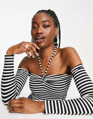 Stradivarius halter neck cut out top in stripe