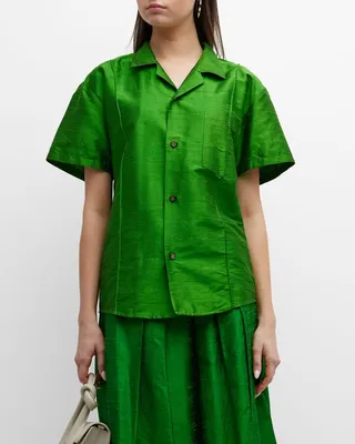 Pintuck Camp-Collar Cabana Top