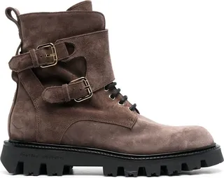 Suede Buckle-Strap Lace-Up Boots