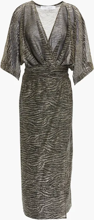 Volsun wrap-effect ruched metallic knitted midi dress
