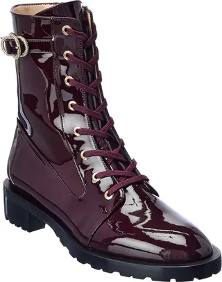 Stuart Weitzman Crystal Buckle Lace-Up Patent Bootie