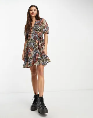 Wednesday's Girl ruffle detail mini tea dress in patchwork floral