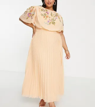 ASOS DESIGN Curve pleated textured cowl front embroidered midi dress with belt in coral