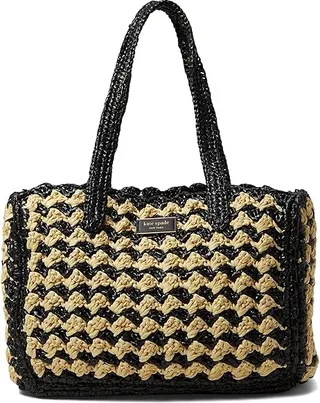 Kate Spade New York High Tide Striped Crochet Raffia Medium Tote (Black Multi) Handbags