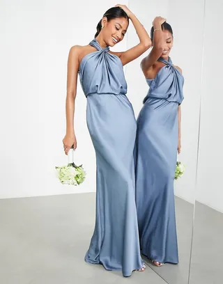 ASOS EDITION satin ruched halter neck maxi dress in dusky blue
