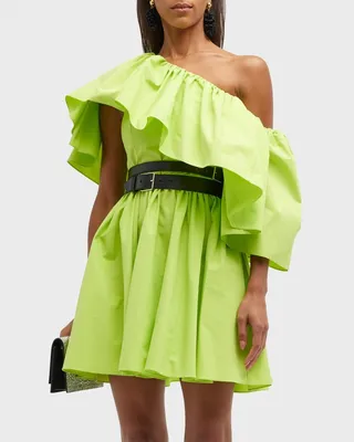 One-Shoulder Ruffle Poplin Mini Dress