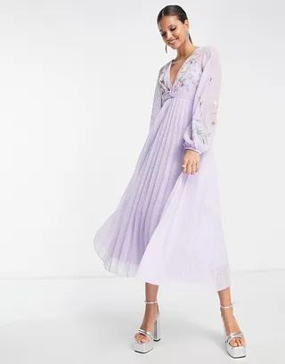 ASOS DESIGN textured twist front pleated midi dress with all over embroidery in lilac