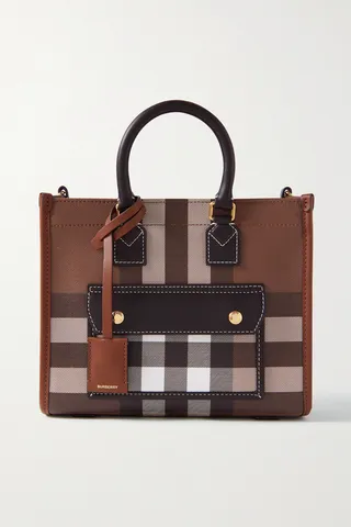 Burberry - Mini Leather-trimmed Checked Coated-canvas Tote - Brown
