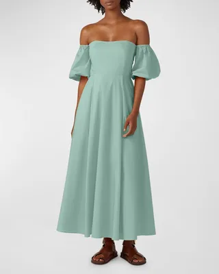 Ziggy Puff-Sleeve Off-the-Shoulder Long Poplin Dress