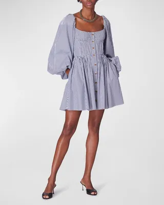 Striped Puff-Sleeve Button-Front Bustier Mini Dress