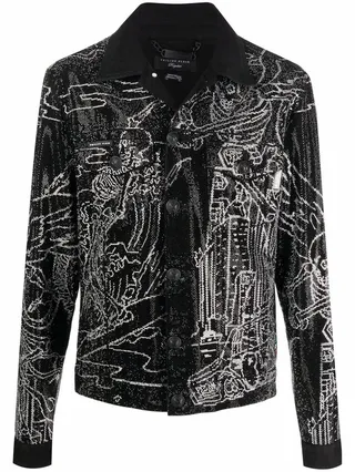 Skeleton-Tattoo Print Denim Jacket