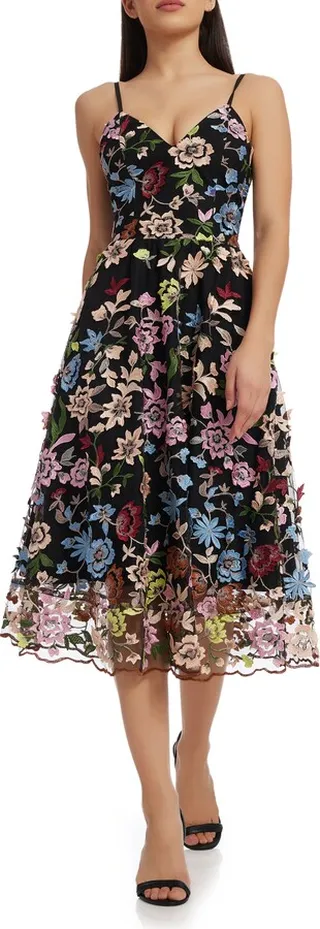Maren Floral Embroidery Fit & Flare Cocktail Dress