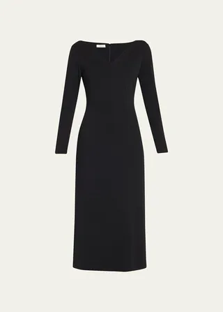 Long-Sleeve V-Neck Midi Dress