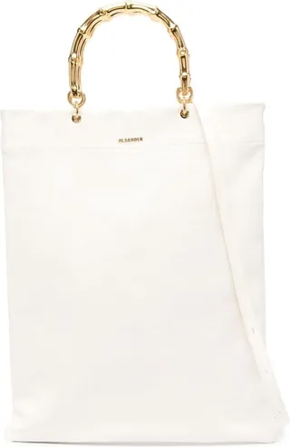 White Tote Bag With Bamboo Handles In Leather Woman