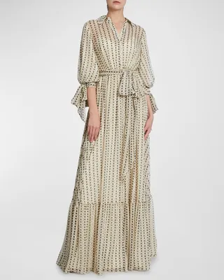 Diamond Striped Blouson-Sleeve Shirt Gown