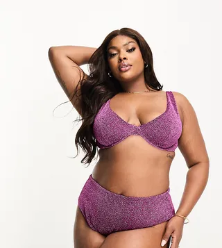 ASOS DESIGN Curve mix and match glitter high waist bikini bottom in pink