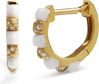 Agate and Diamond Studded Mini Yellow Gold Hoop Earrings