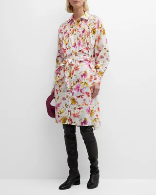 Crescent Smocked Floral-Print Midi Shirtdress