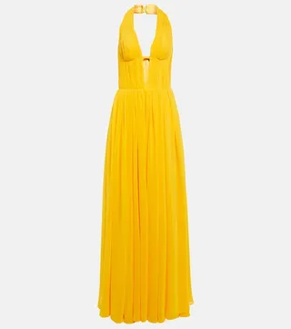 Pleated cutout chiffon gown