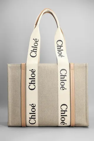 Woody Medium Tote In Beige Canvas