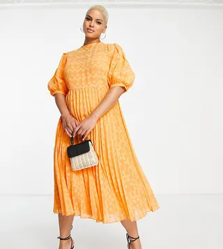 ASOS DESIGN Curve high neck pleated chevron textured midi dress with puff sleeve in orange