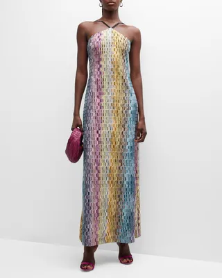 Cutout Wavy Jacquard Halter Maxi Dress