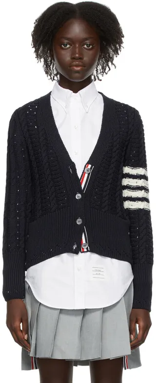 Thom Browne Navy Cable Classic-Fit 4-Bar Cardigan