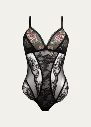 Wireless Floral-Embroidered Lace Bodysuit