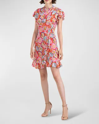 Tribeca Flutter-Sleeve Floral-Print Mini Dress