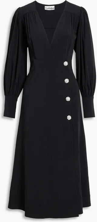 Crystal-embellished gathered crepe midi wrap dress