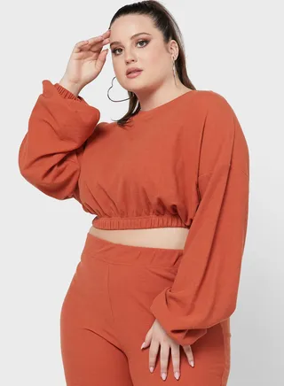 Waffle Cropped Oversized Sweatshirt