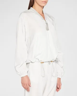 Tassel Ruched-Sleeve Silk Bomber Jacket