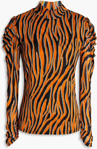 Remy gathered zebra-print mesh turtleneck top
