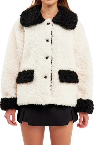 Colorblock Faux Shearling A-Line Jacket