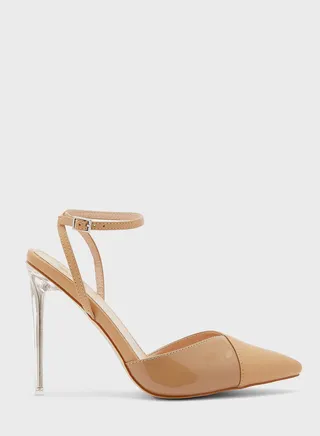 Patent Clear Heel Ankle Strap Pump