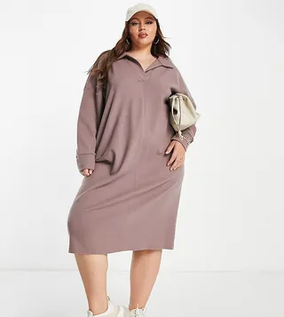 ASOS DESIGN Curve super soft long sleeve polo midi sweater dress in taupe