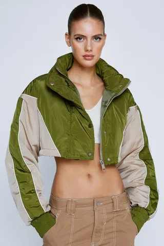 Nasty Gal Womens Padded Color Block Adjustable Crop Rain Coat