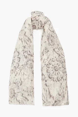 Frayed printed linen-gauze scarf