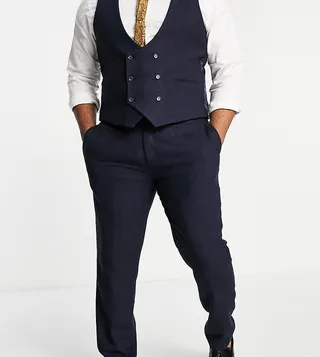 Gianni Feraud Plus wool mix navy herringbone slim fit pants