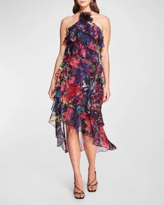 Ruffle-Tiered Chiffon Halter Midi Dress