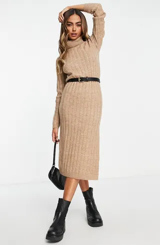 Belted Long Sleeve Turtleneck Midi Sweater Dress
