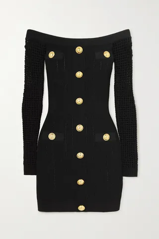 Balmain - Off-the-shoulder Button-embellished Knitted Mini Dress - Black