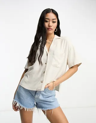 Stradivarius linen look short sleeve boxy shirt in natural
