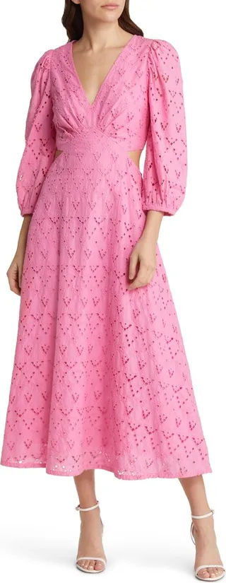 Eyelet Embroidered Cutout Bracelet Sleeve Midi Dress