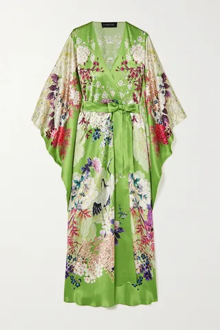 MENG - Belted Floral-print Silk-satin Robe - Green