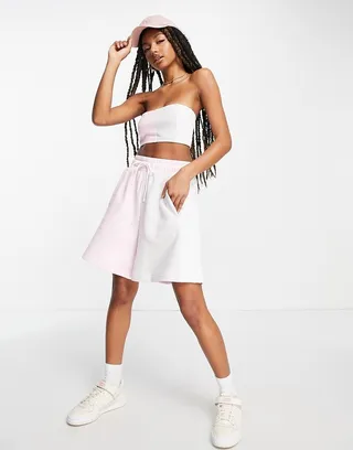 adidas Originals 'summer rave' color block boyfriend shorts in pink